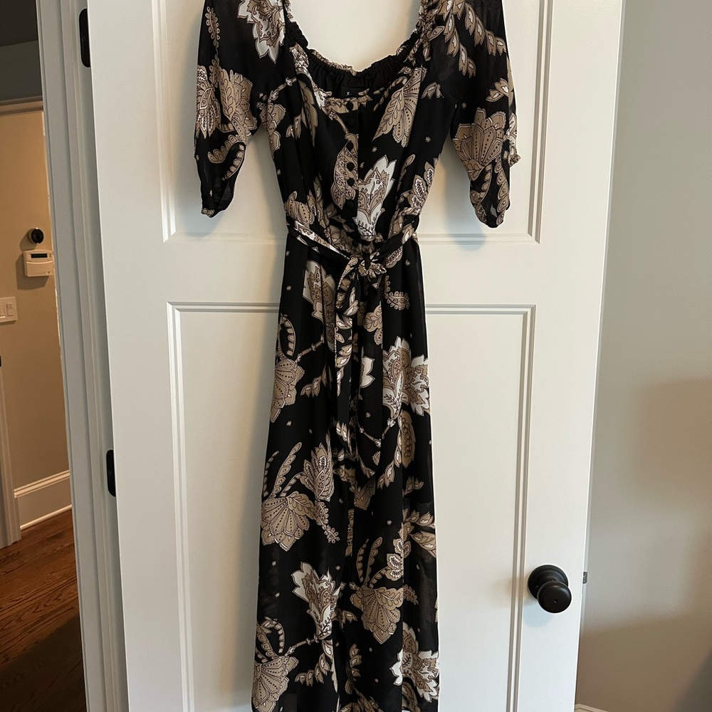Bardot Black and Tan Maxi Dress with Puff Sleeves and Sweetheart Neckline